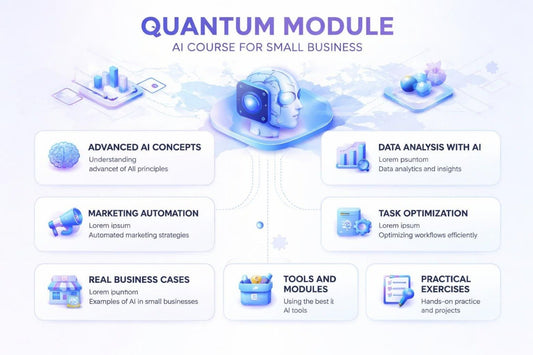 Quantum Module AI Course for Small Business with various topics on a white background