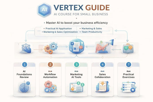 Vertex Guide AI course for small businesses with icons and text on a white background