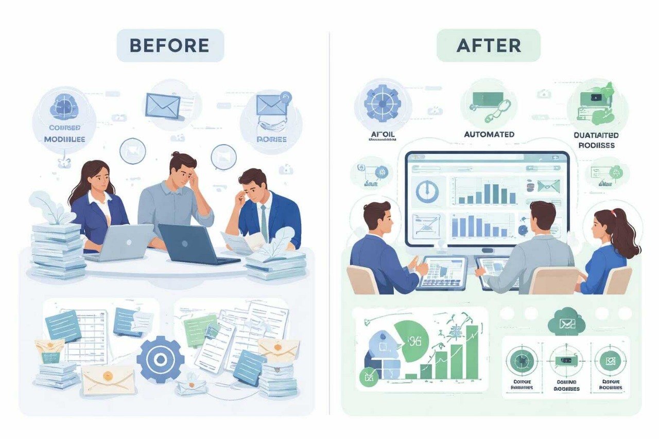 Before and after comparison of a team working with paperwork versus using digital tools.