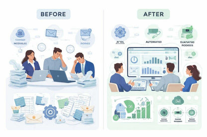 Before and after comparison of a team working with paperwork versus using digital tools.