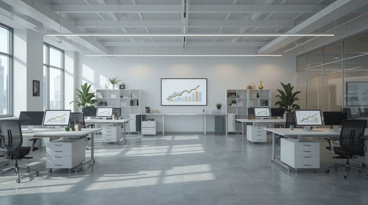 Modern office space with desks, chairs, and a large screen displaying graphs.