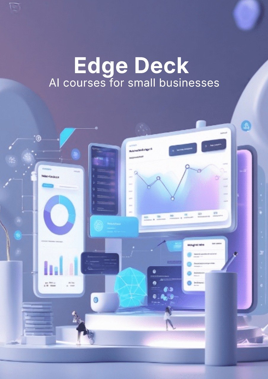Promotional graphic for 'Edge Deck' AI courses for small businesses with digital interfaces and charts.