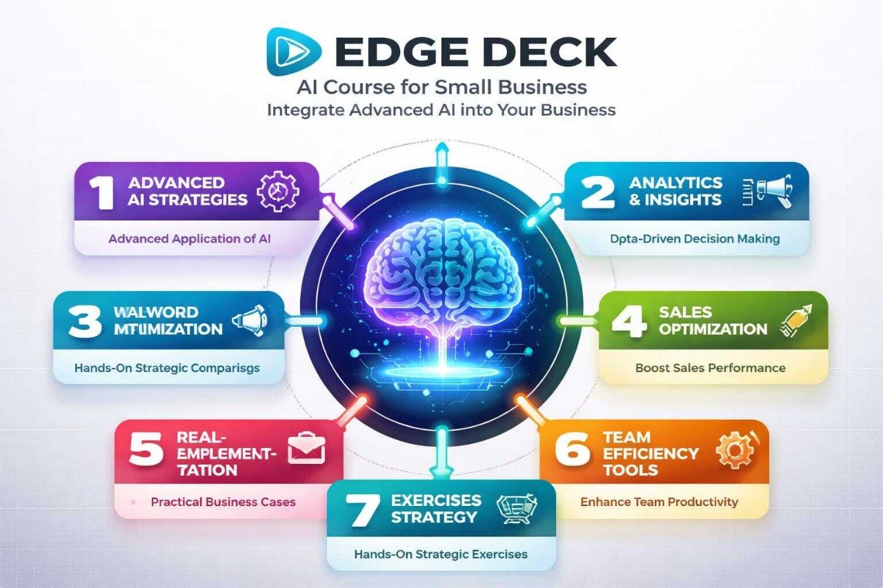 Edge Deck AI Course for Small Business with brain illustration and educational modules.