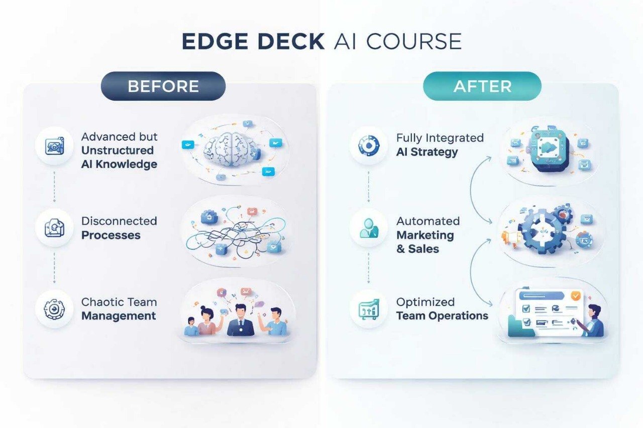 Before and after comparison of an Edge Deck AI Course with visual elements and text.