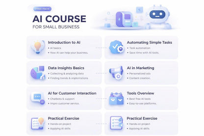 AI course for small businesses with icons and text on a white background