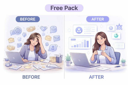 Illustration of a woman before and after using a free pack, with icons and text labels.