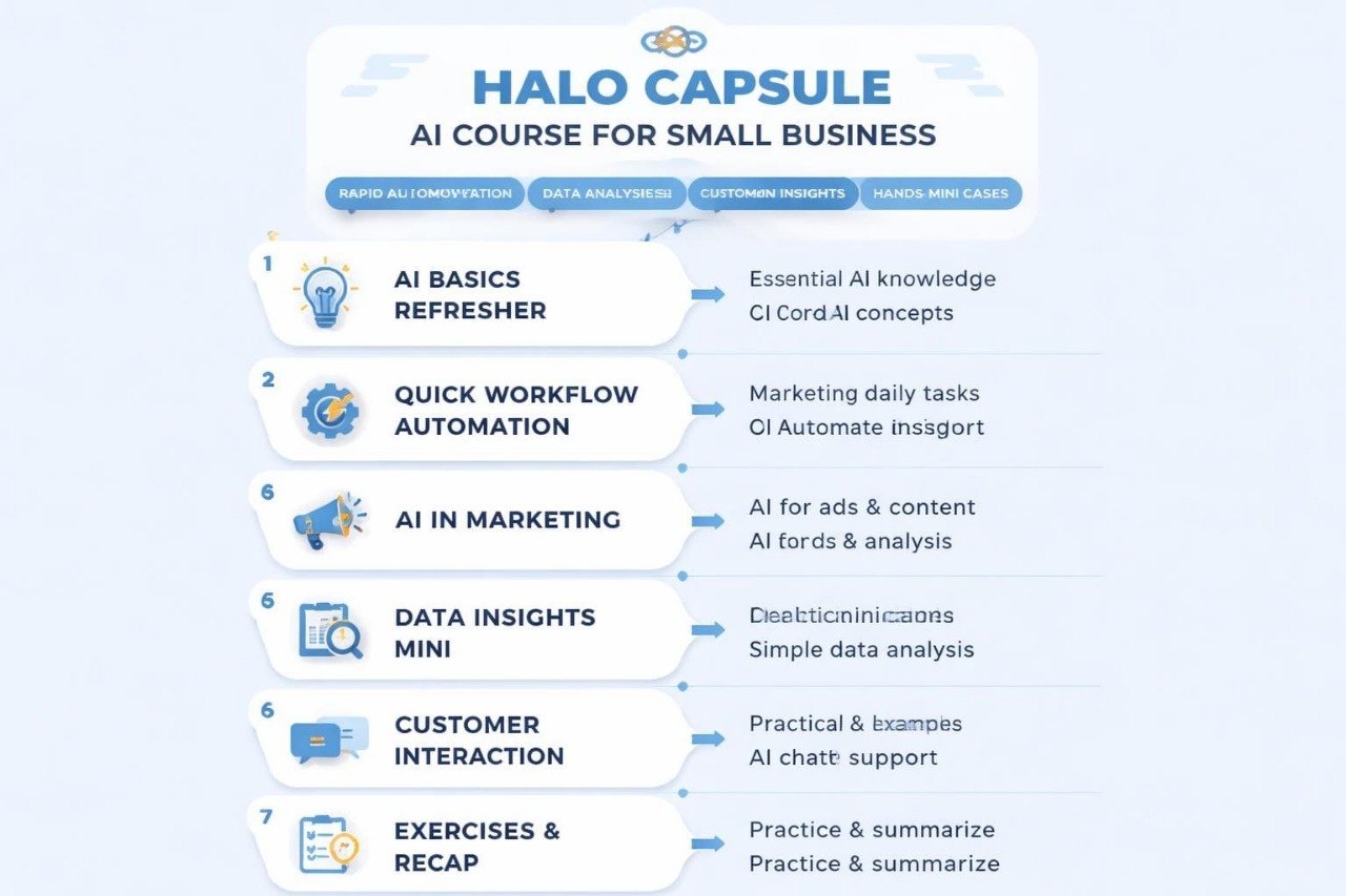 Halo Capsule AI course for small businesses with course modules on a light blue background.