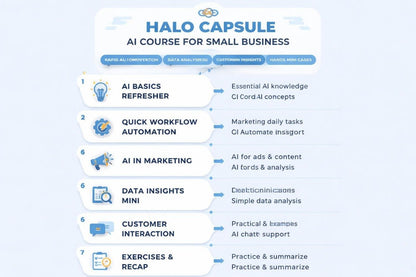 Halo Capsule AI course for small businesses with course modules on a light blue background.