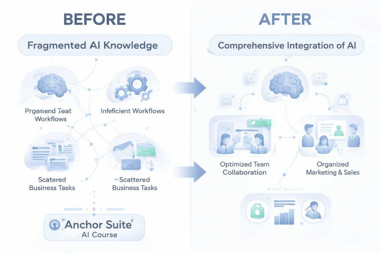 Before and after comparison of fragmented AI knowledge to comprehensive integration with Anchor Suite.