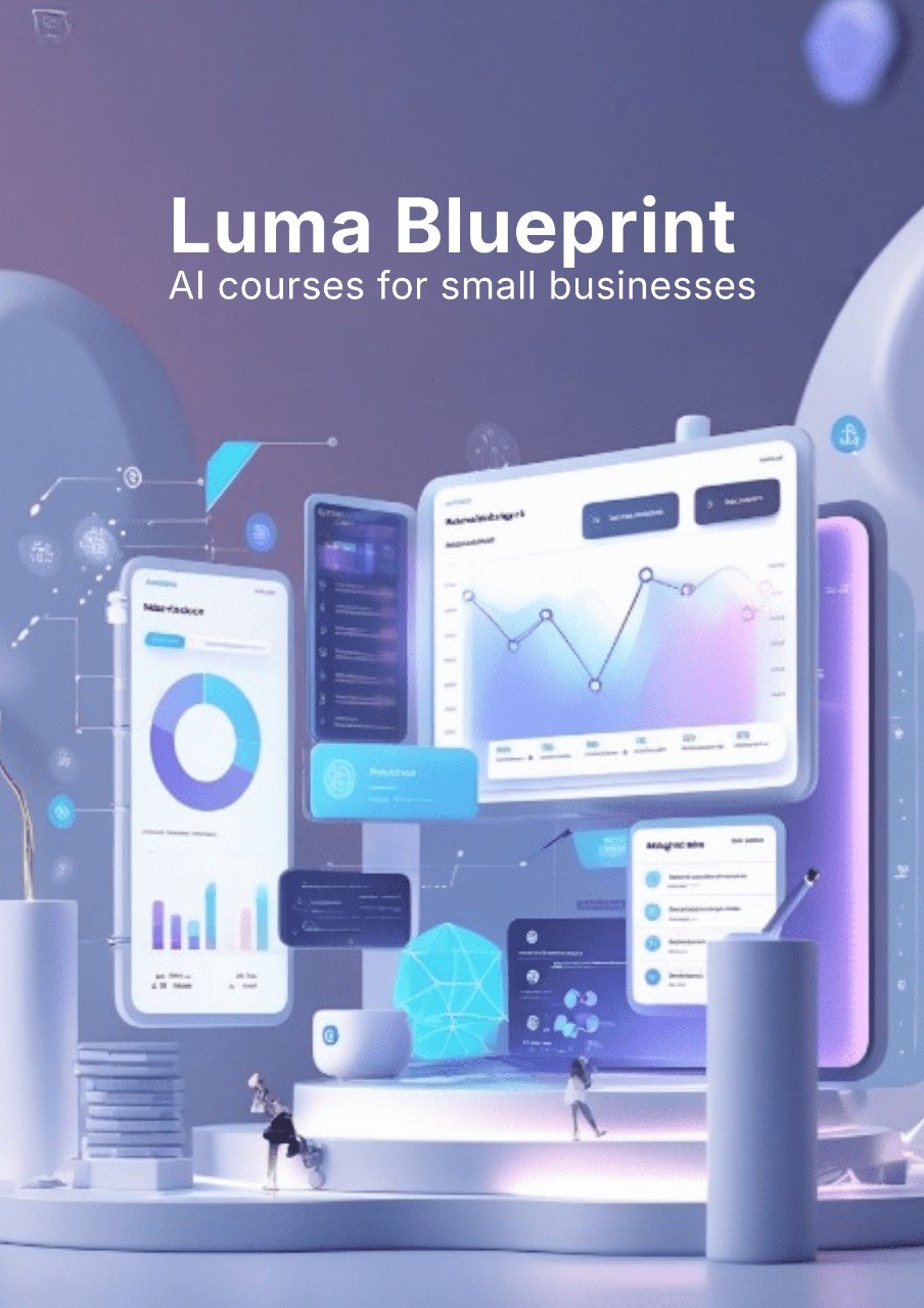 Promotional graphic for Anchor Suite AI courses for small businesses with digital interfaces and charts.