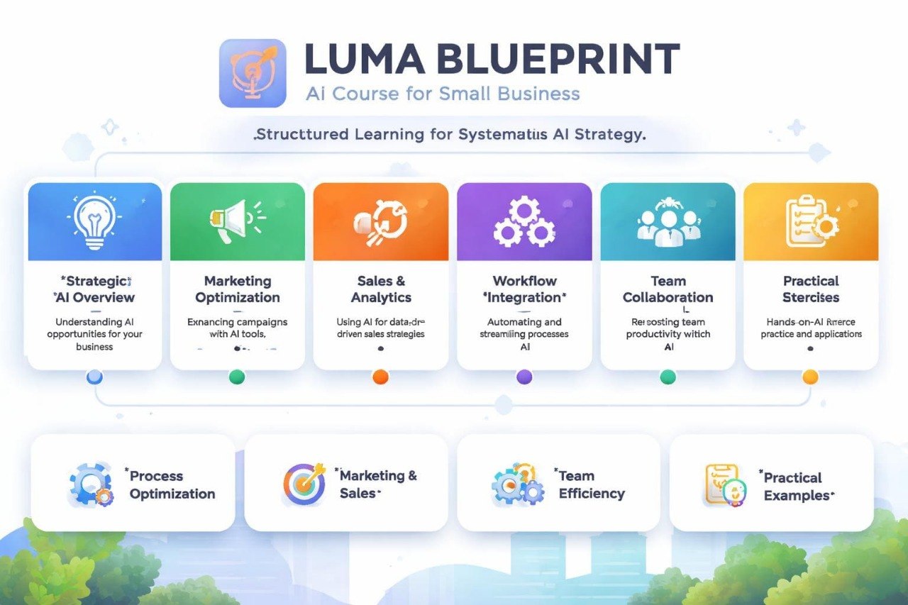 Luma Blueprint AI Course for Small Business with icons and text on a white background