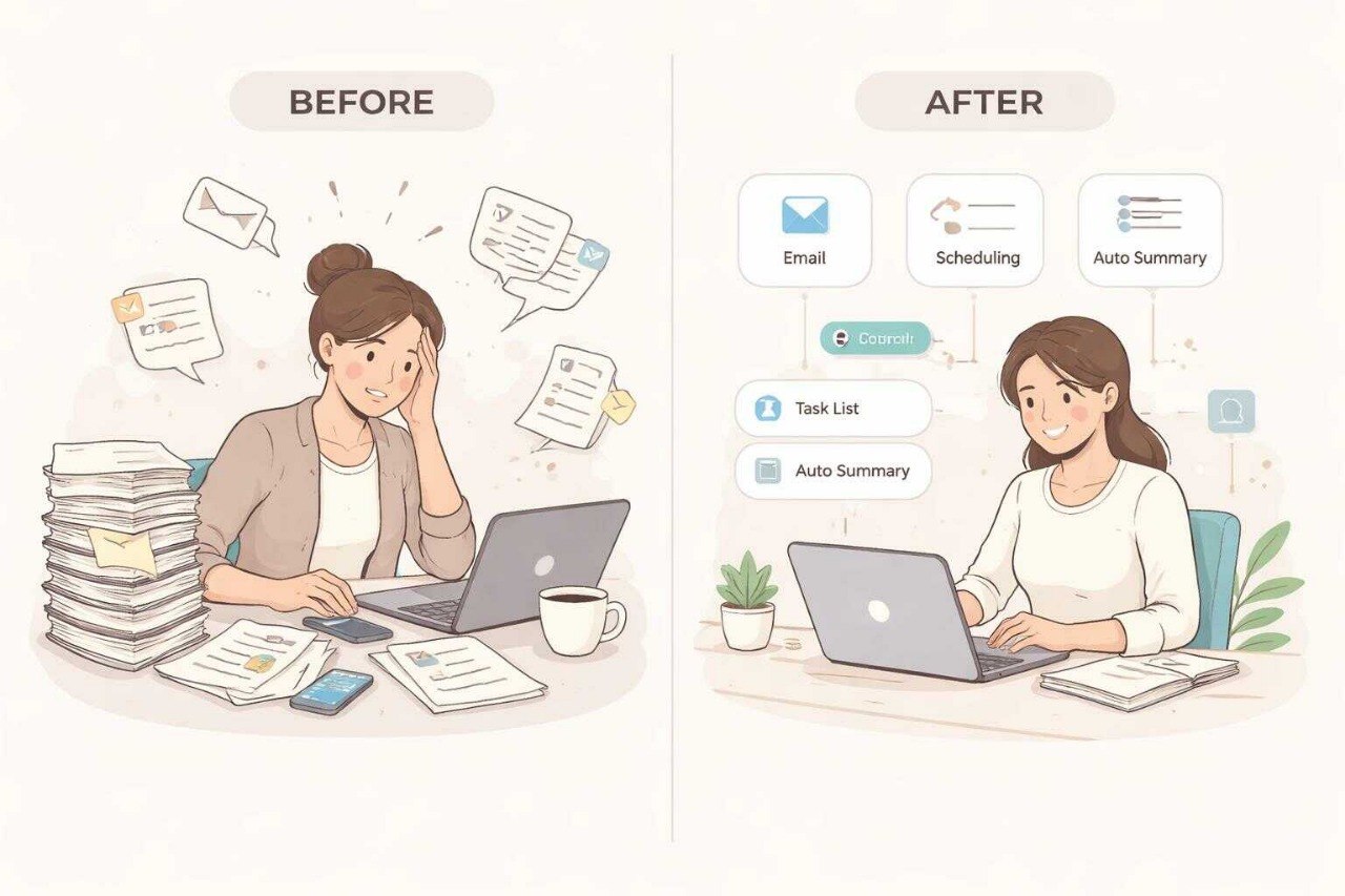 Illustration of a person before and after using productivity tools on a laptop.