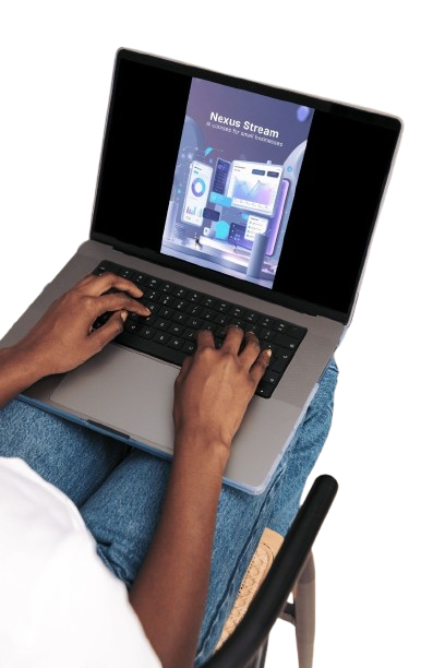 Person using a laptop with a visible screen displaying 'Nexus Stream' on a white background