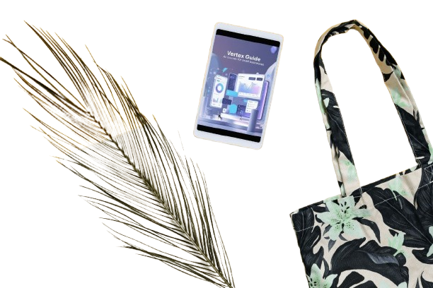 Phone with app interface, palm leaf, and floral-patterned bag on a white background