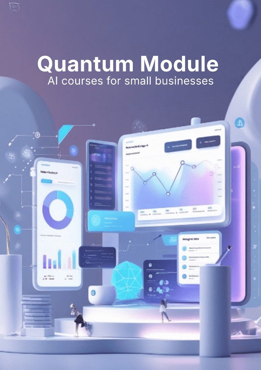 Promotional graphic for Quantum Module AI courses for small businesses with digital devices and graphs on a blue background.