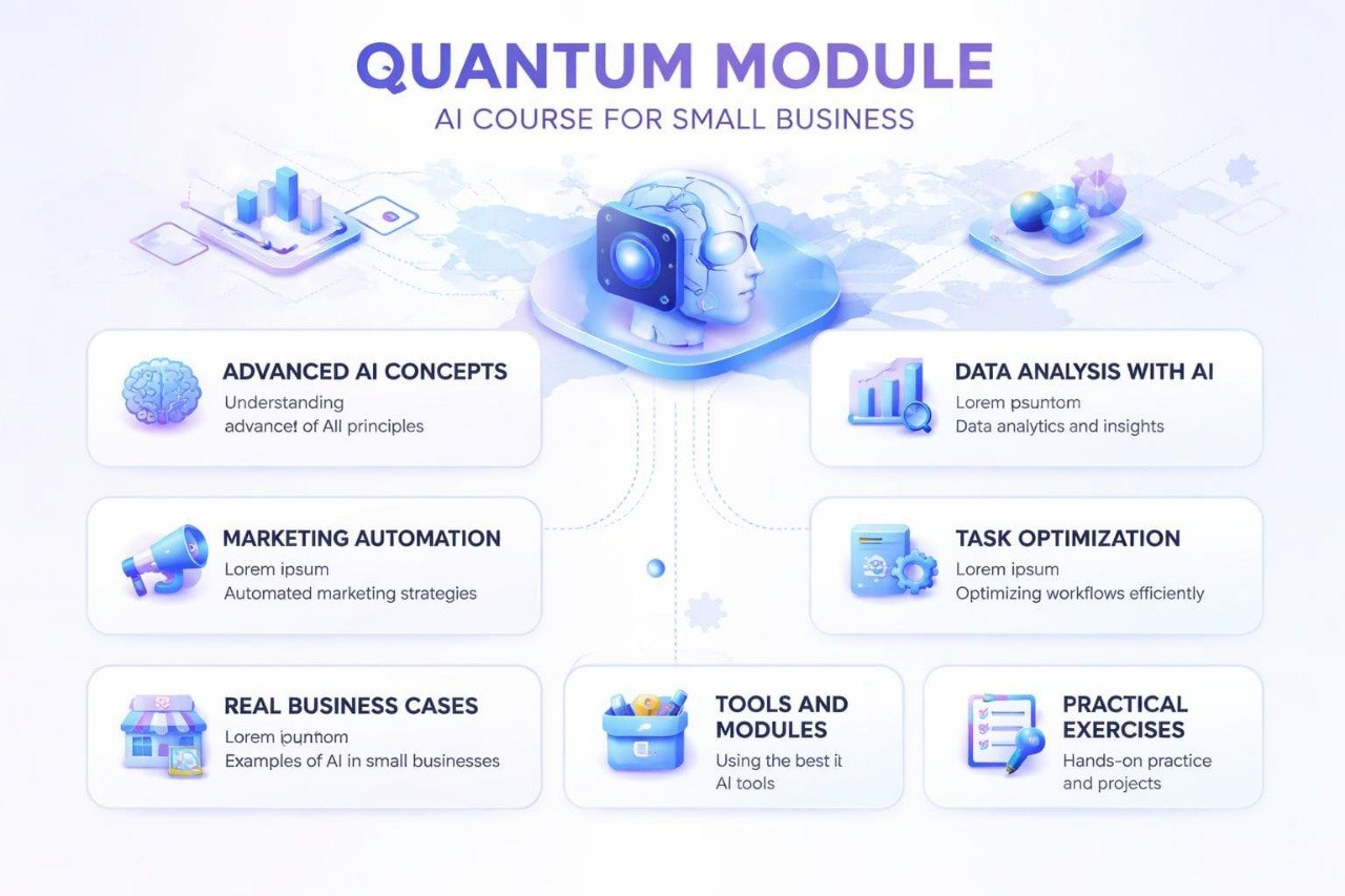 Quantum Module AI Course for Small Business with various topics on a white background