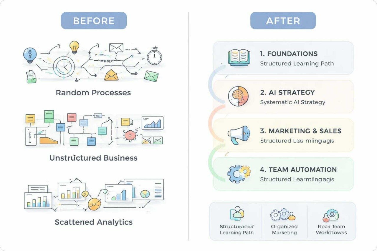 Before and after comparison of business processes with structured learning paths.
