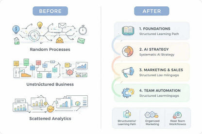 Before and after comparison of business processes with structured learning paths.