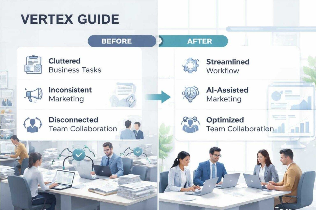 Before and after comparison of a workplace with text indicating improved processes.